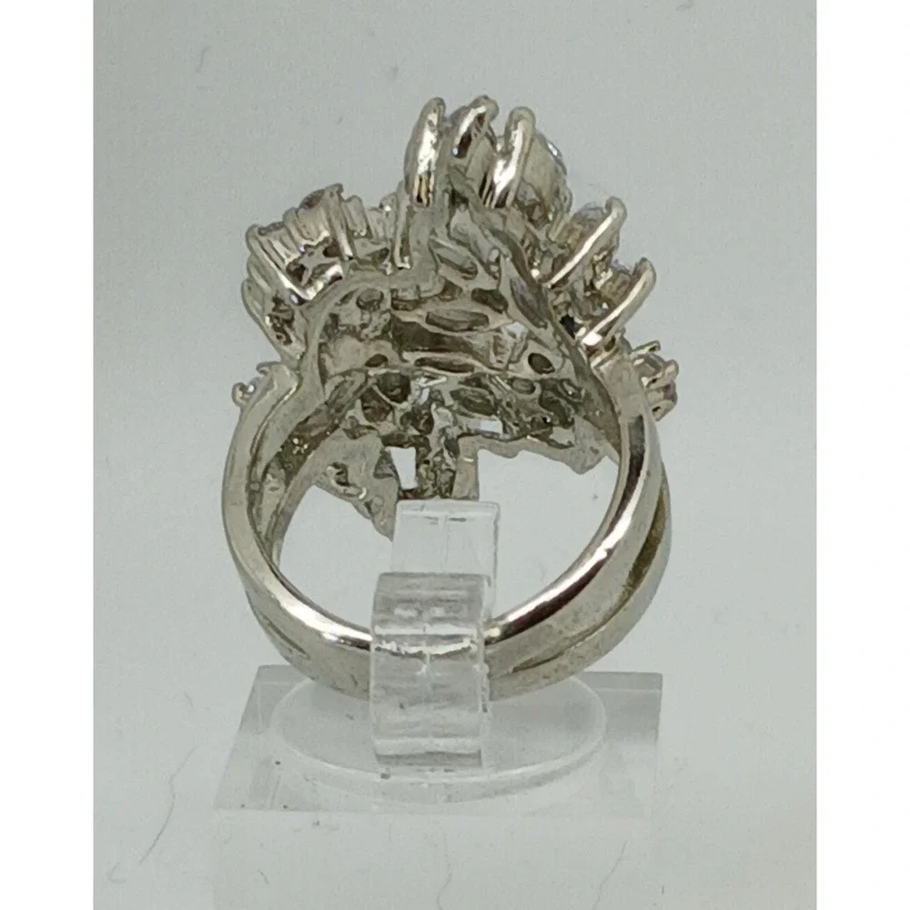 Vintage Silver Tone Marquise Cluster CZ Floral Statement Cocktail Ring Size 6.75